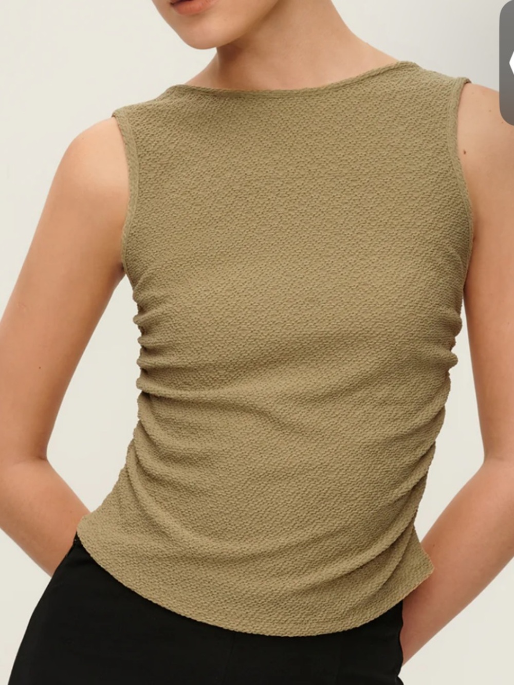 Commense Sleeveless Textured Ruched Tank Top. Khaki. NWT